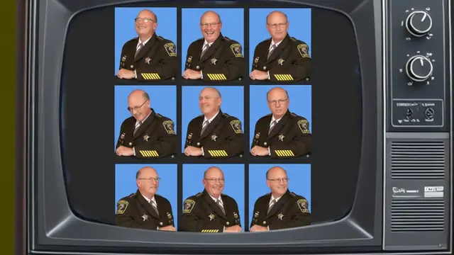 Sheriff candidates Lowery and Hoss Mack depicted in a grid within an old television set, suggesting a recurring pattern - Animated