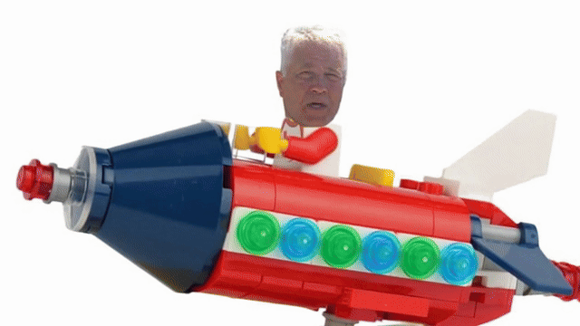 Satirical depiction: Jack Burrell’s face superimposed on a toy rocket, symbolizing developer influence in Fairhope politics - Animated