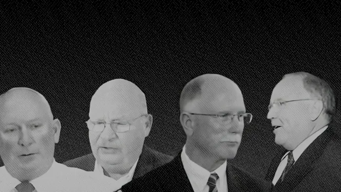 Four men in suits, likely involved in the wrongful conviction of Murray Lawrence Jr, now holding positions of power - Animated